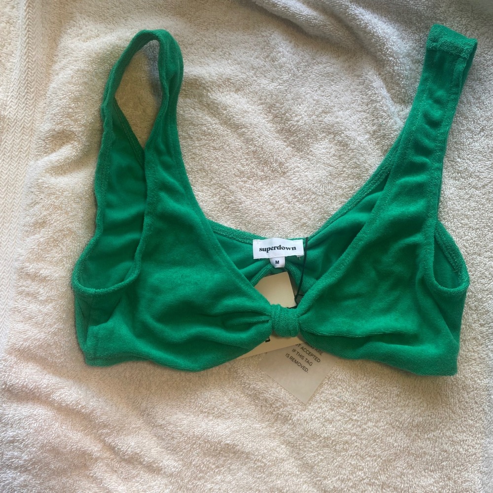 Superdown Kelly Green Terry Cloth Front Knot Bralette Crop Top Medium NWT